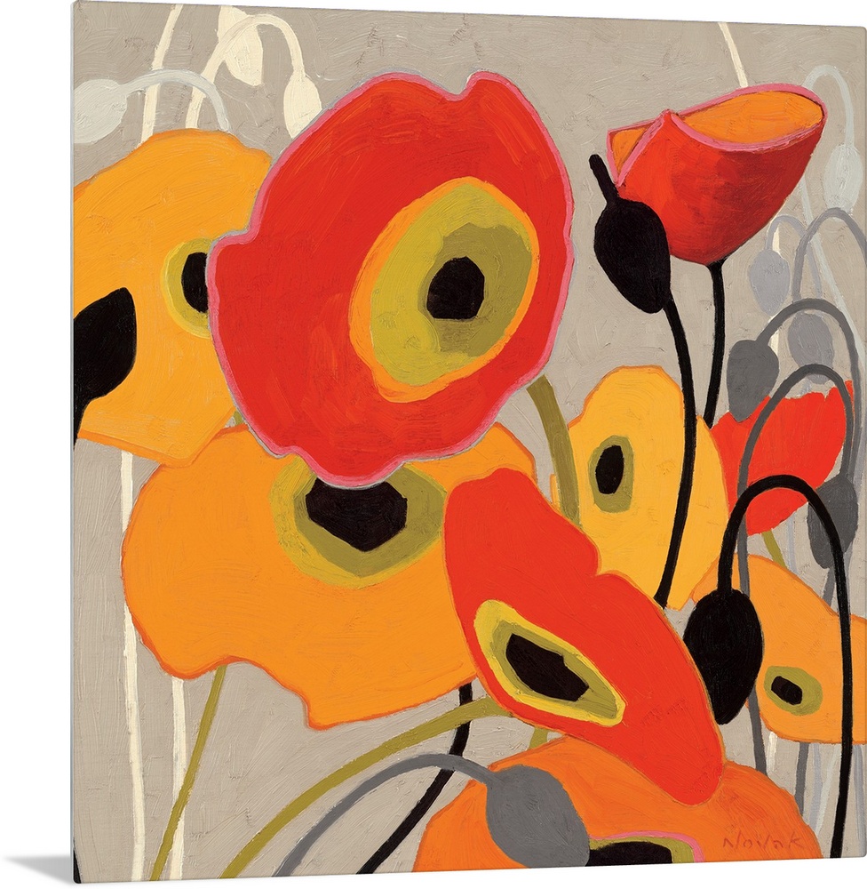 Huge floral art focuses on an arrangement of warm colored poppy flowers at varying depths as they are positioned in front ...