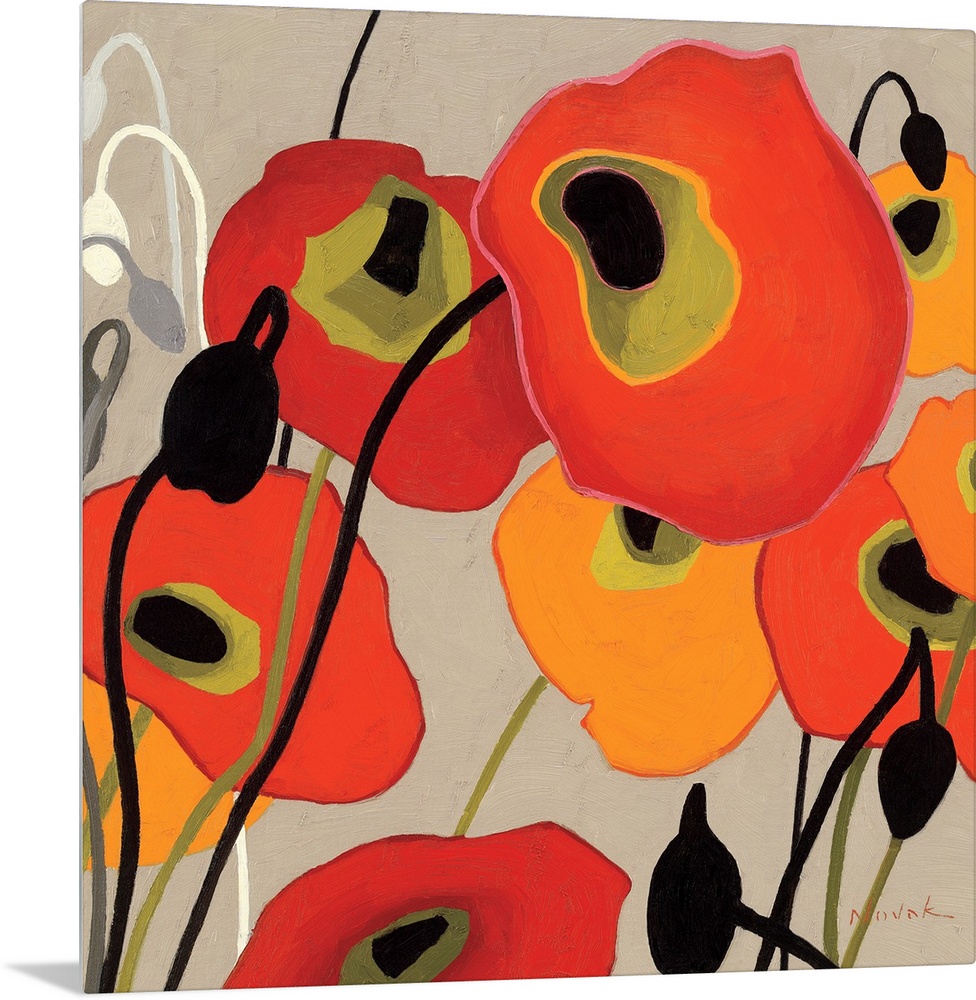 This contemporary abstract painting showcases simplified poppies painted with flat colors over a neutral background.