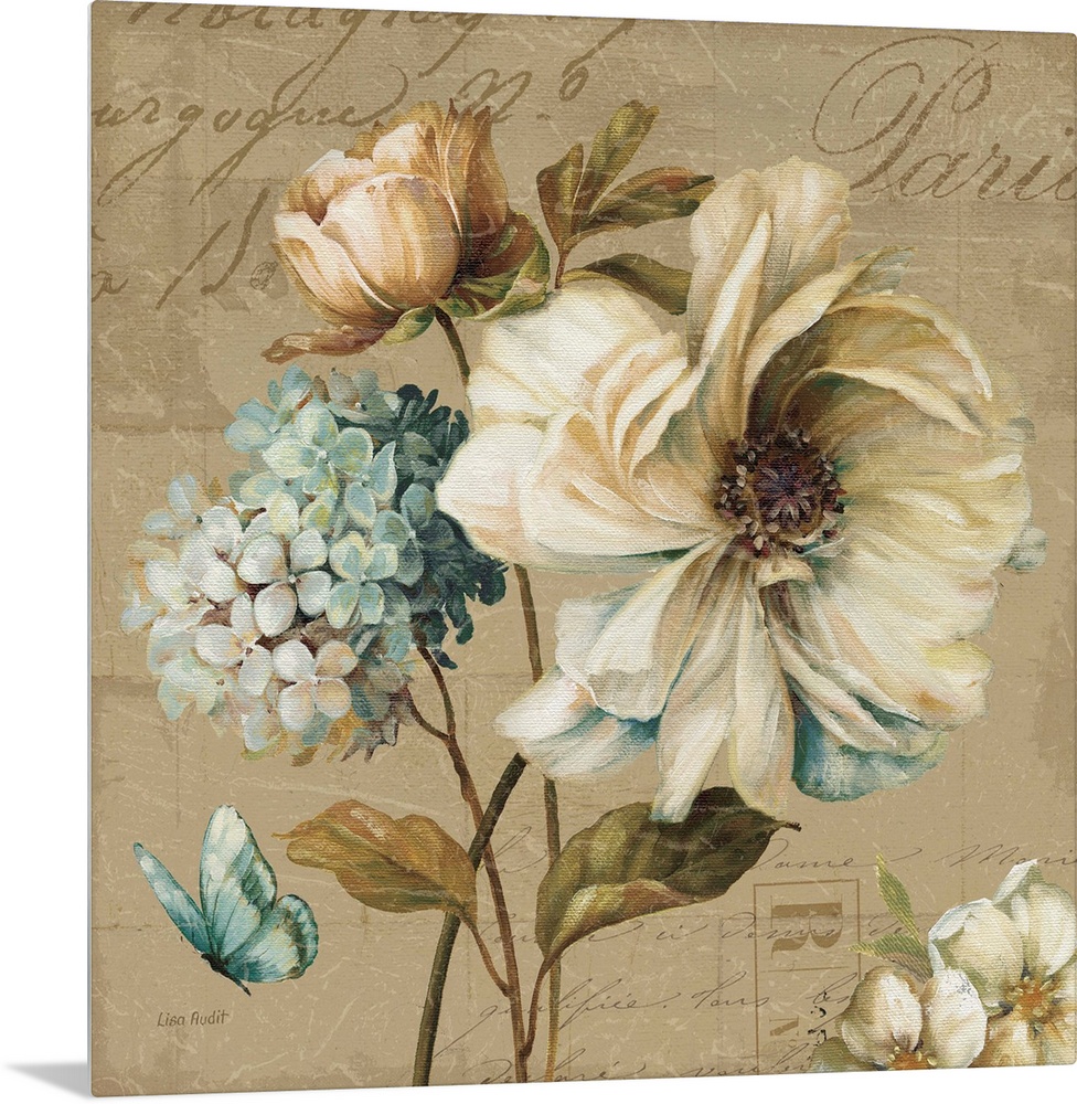 Contemporary artwork of flowers against a with text.