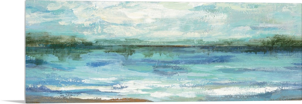 Contemporary landscape painting of a lake scene.