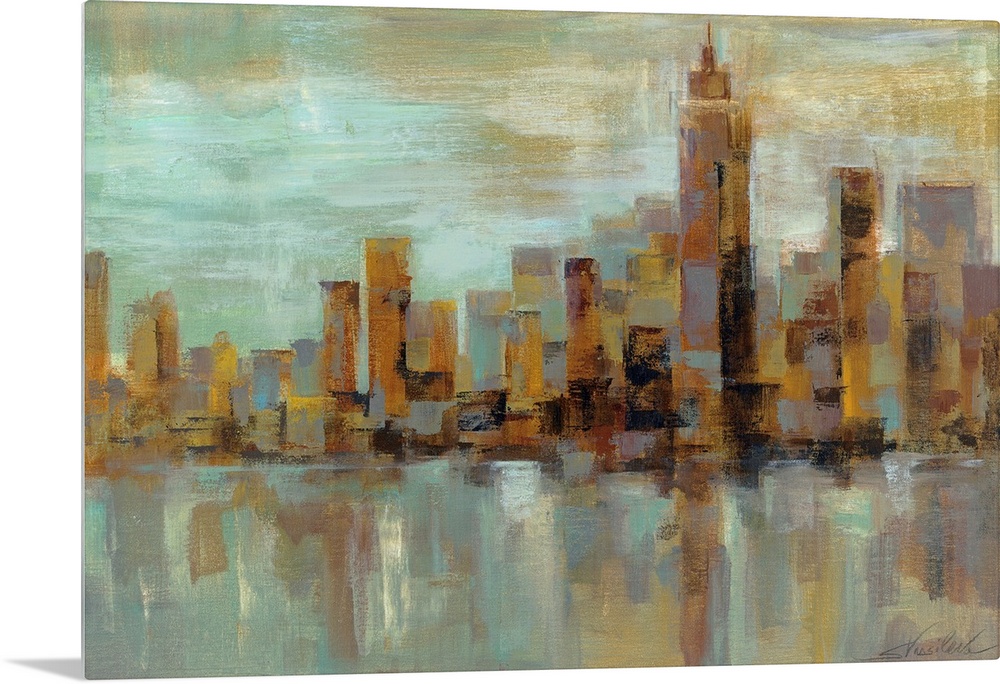 Abstract painting of a misty cityscape with buildings made out of broad strokes.