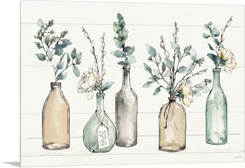 A perfect accent piece to a shabby chic or farmhouse docor scheme, this lovely illustration of colored glass bottles holdi...