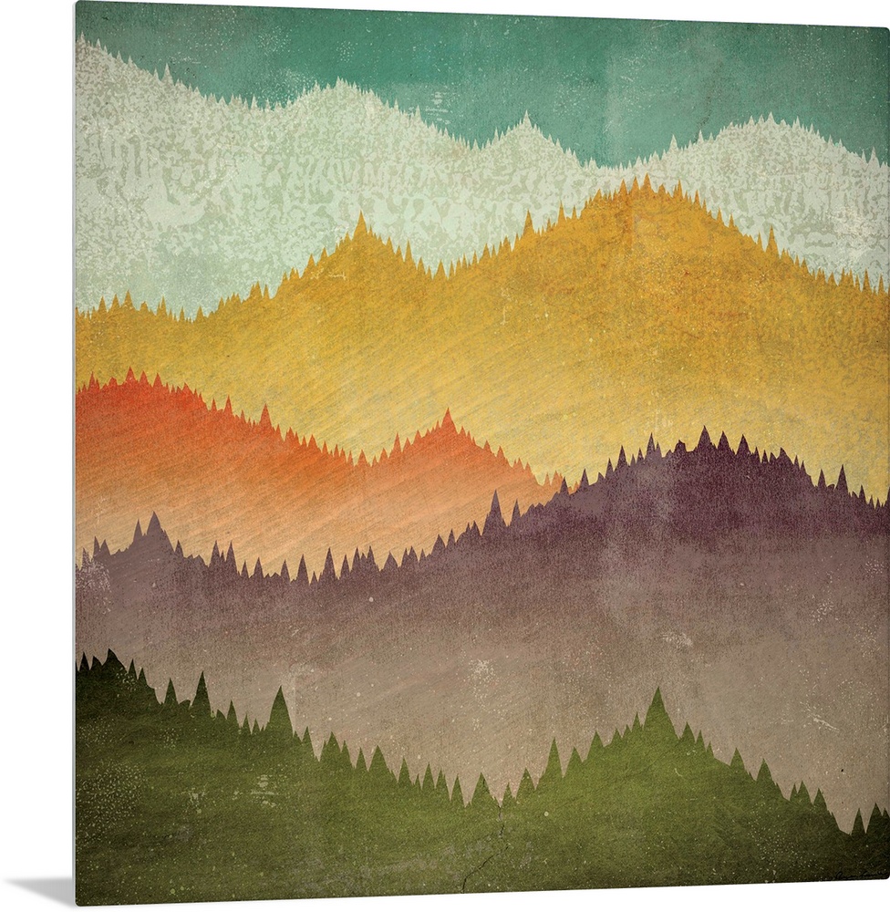 Contemporary artwork of colorful mountain peak silhouettes.