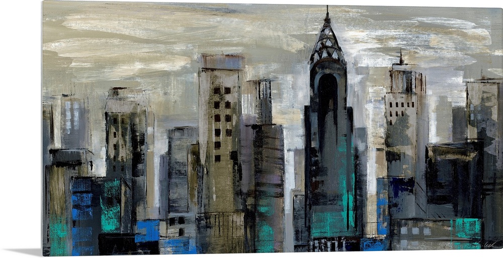 A wide cityscape painting of New York City in abstract; the buildings were created in fast, dark brush strokes to contrast...