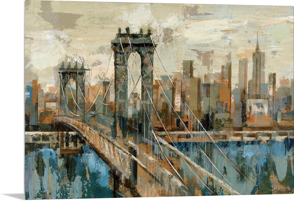 A contemporary painting of the New York City and a suspension bridge seen from an opposite shore created with blocky shape...