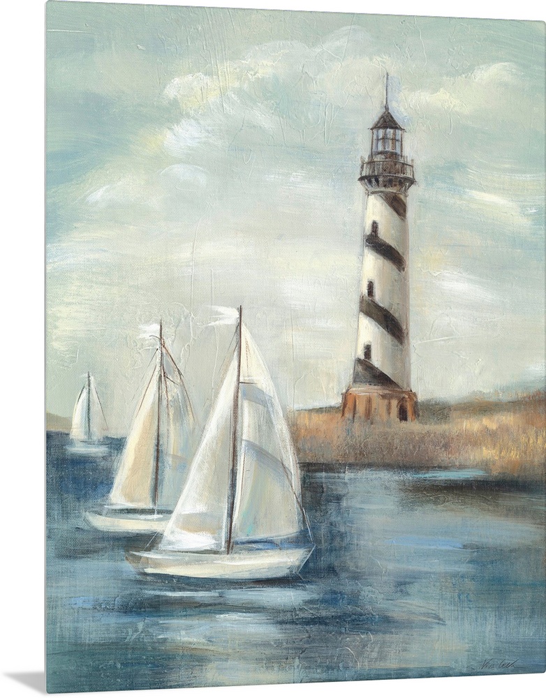 Contemporary painting of an idyllic coastal scene, with a lighthouse in the background and sailboats in the foreground.