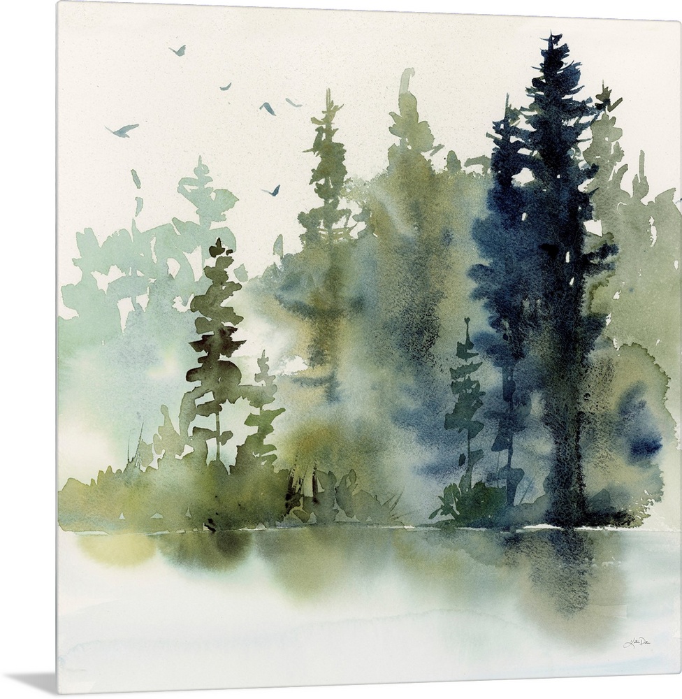 An abstracted contemporary watercolor painting of tall evergreen trees in a misty forest with a lake in the foreground