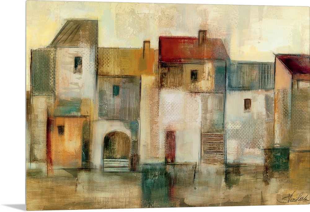 Oversized wall art for the home or office this is a painting with neutral color palette of abstract houses in a row.