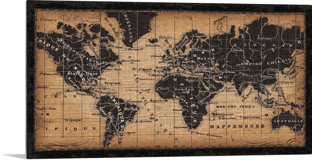 This artwork has been designed to look like an antique map with French names and a burlap fabric texture applied to the im...