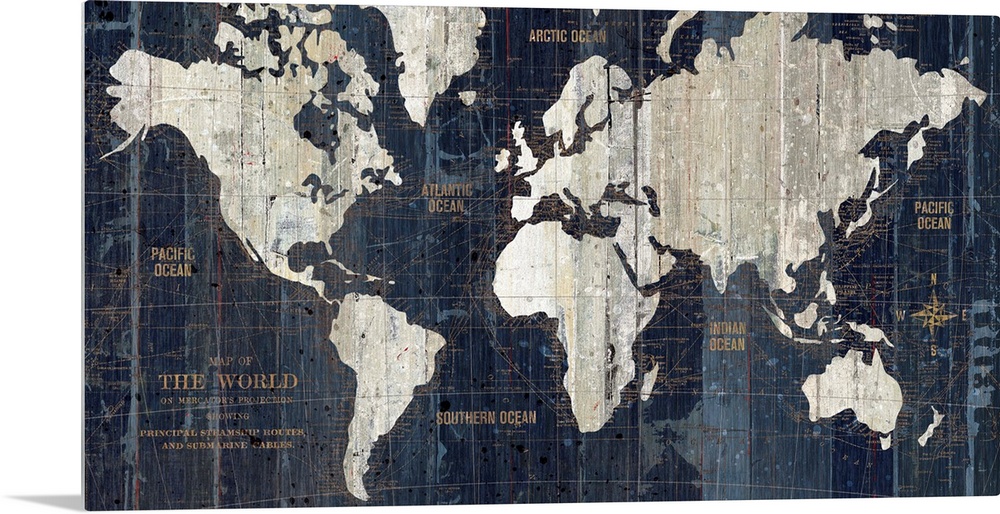 A decorative map of six contents with labels of islands and shipping lanes in the ocean; this horizontal art work uses ver...
