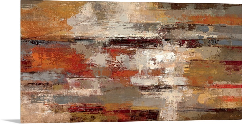 This horizontal abstract painting has a strong sense of motion from left to right and a rusty, earth tone color palette.