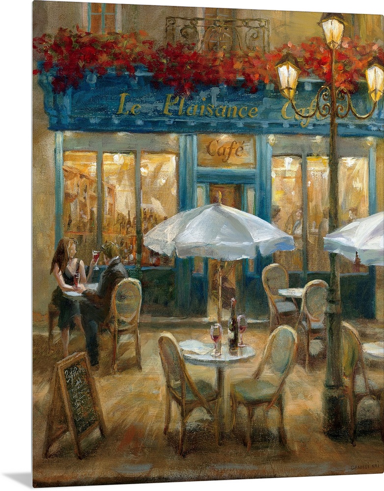 Painting of tables and chairs outside of a street cafo at night with flowerbox over front door entrance.