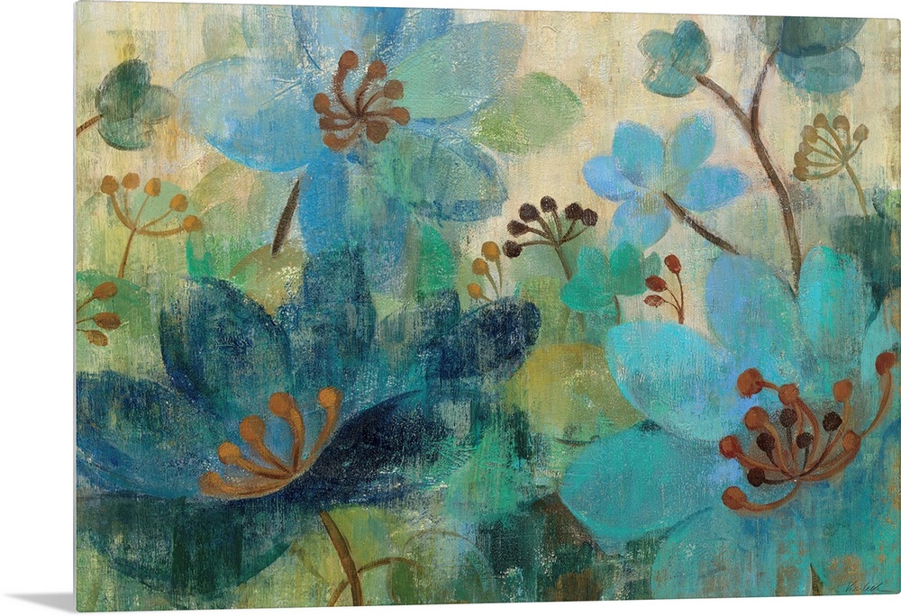 Painting of floral collage.  Emphasis is on the petal and stamen shapes, all ranging in different shades of the same hue. ...