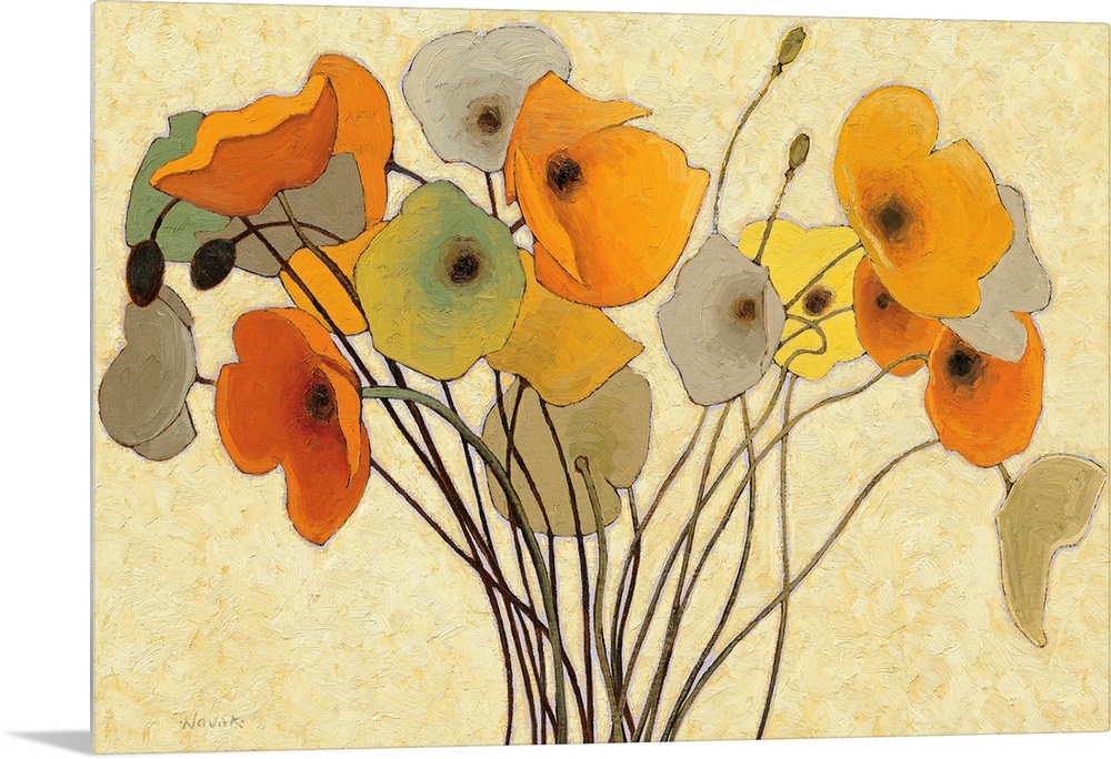 Horizontal fine art painting of a bouquet of poppies in golden colors, on a lighter, neutral, brush stroked background.