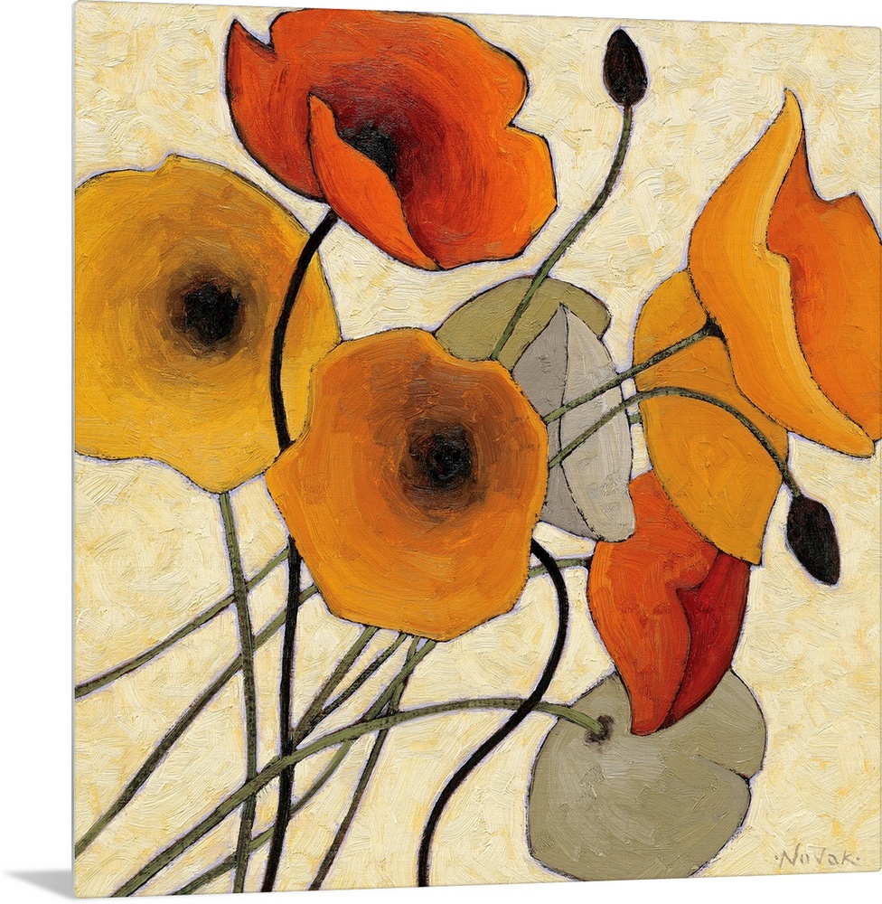 Big contemporary art showcases a close-up of nine flowers using earth tones against a bare background.