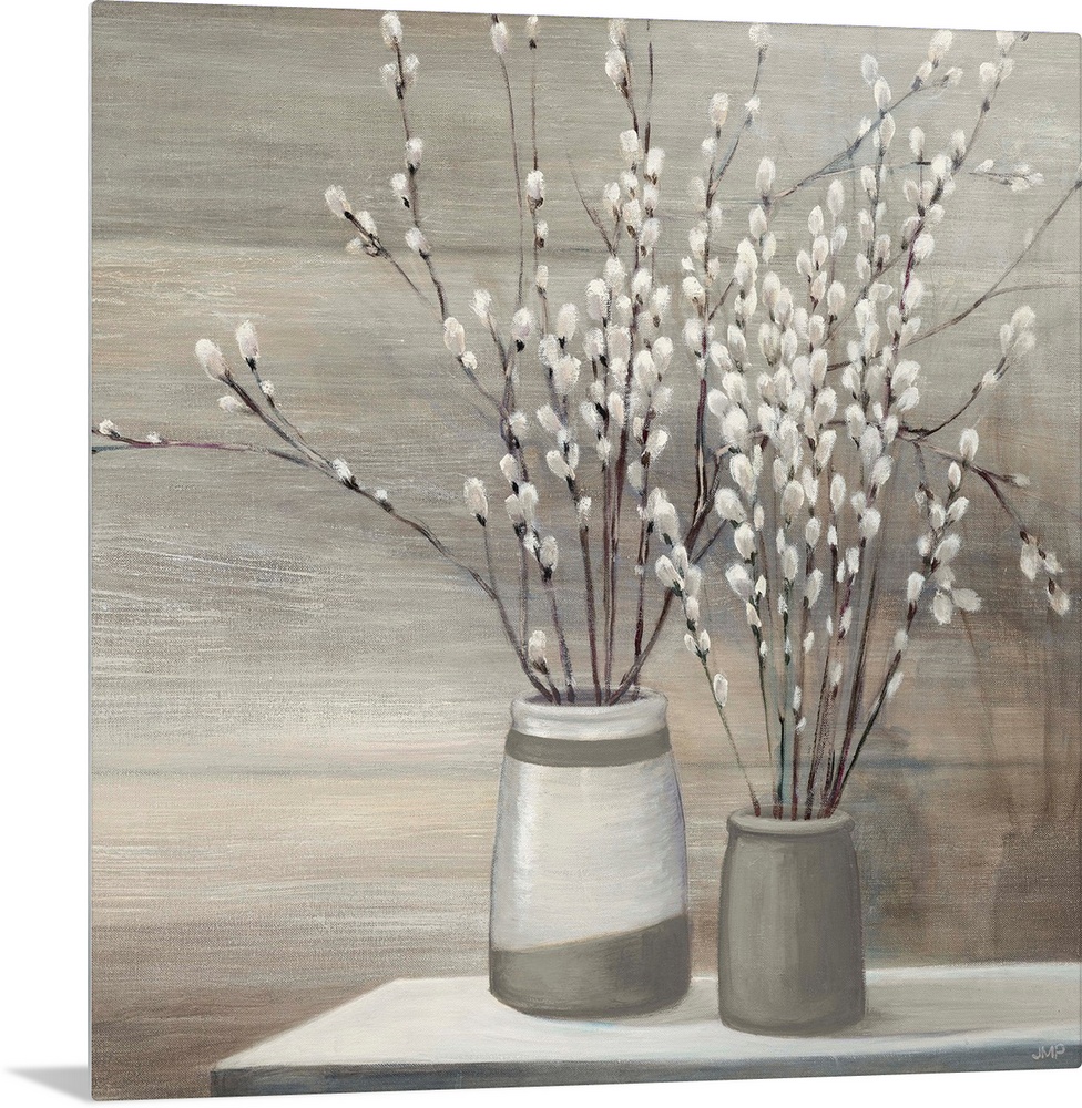 Still life painting of pussy willow plants arranged in gray and white vases on a table.