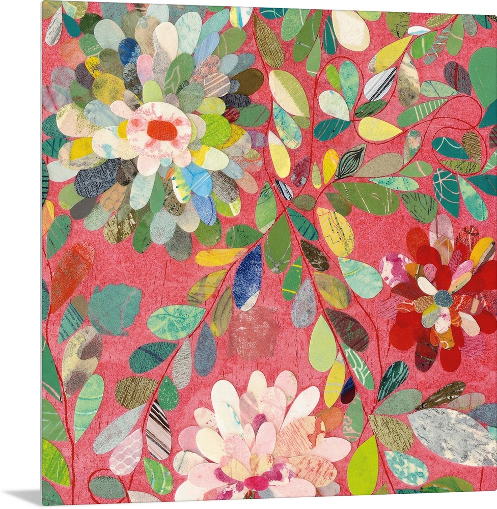 Contemporary artwork of multi-colored flowers against a pale red background.