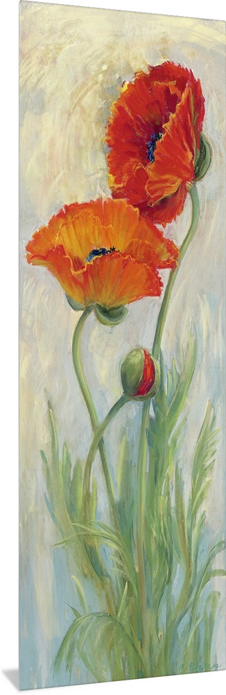 Vertical contemporary painting by Carol Rowan of long stemmed red poppies on a soft background.