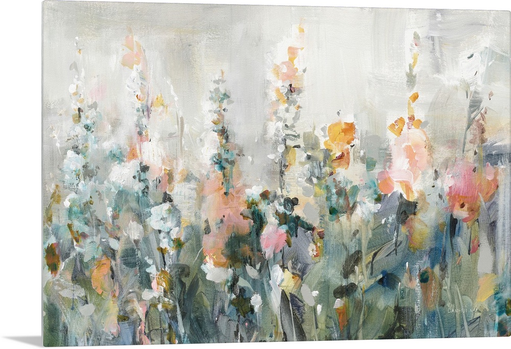 An asbtract floral painting in a contemporary style, featuring tall blooms in shades of peach and orange interspersed with...