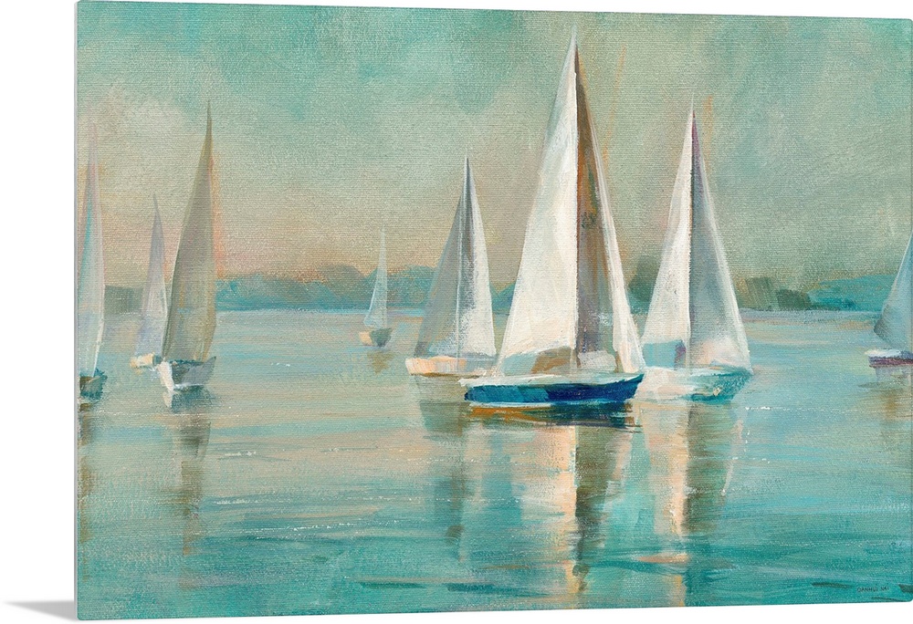 Contemporary painting of sailboats on crystal blue waters.