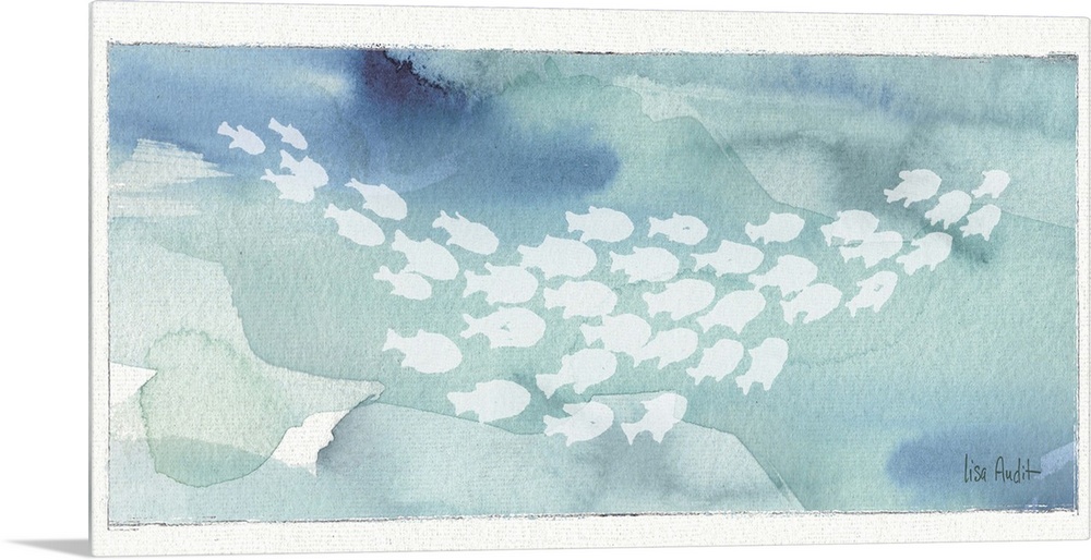 Watercolor painting of a school of fish against a light blue background.