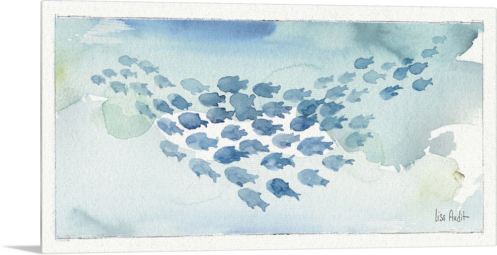 Watercolor painting of a school of fish against a light blue background.