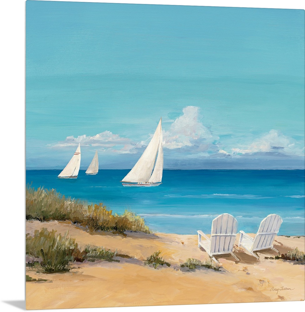 Large contemporary art shows a trio of sailboats traveling through the open waters of an ocean on a sunny day.  Within the...