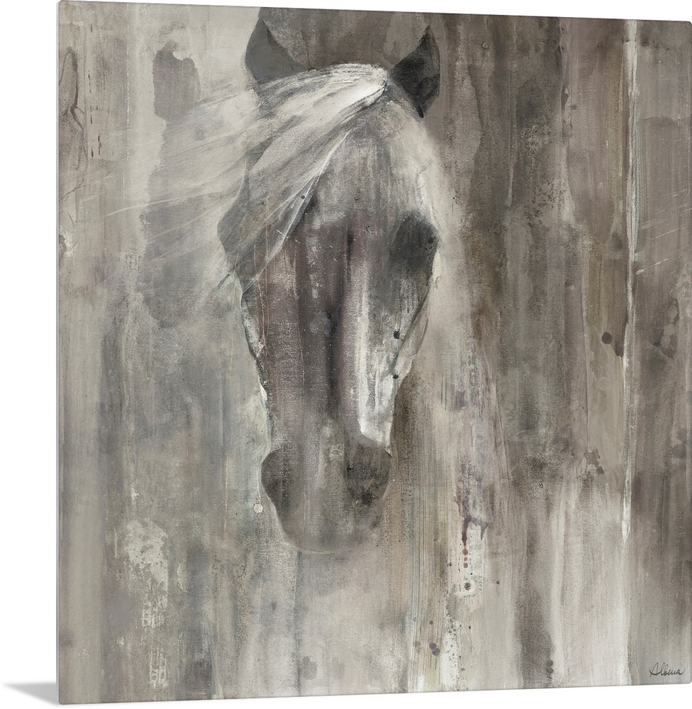 Contemporary painting of a horse's face and mane in shades of grey.