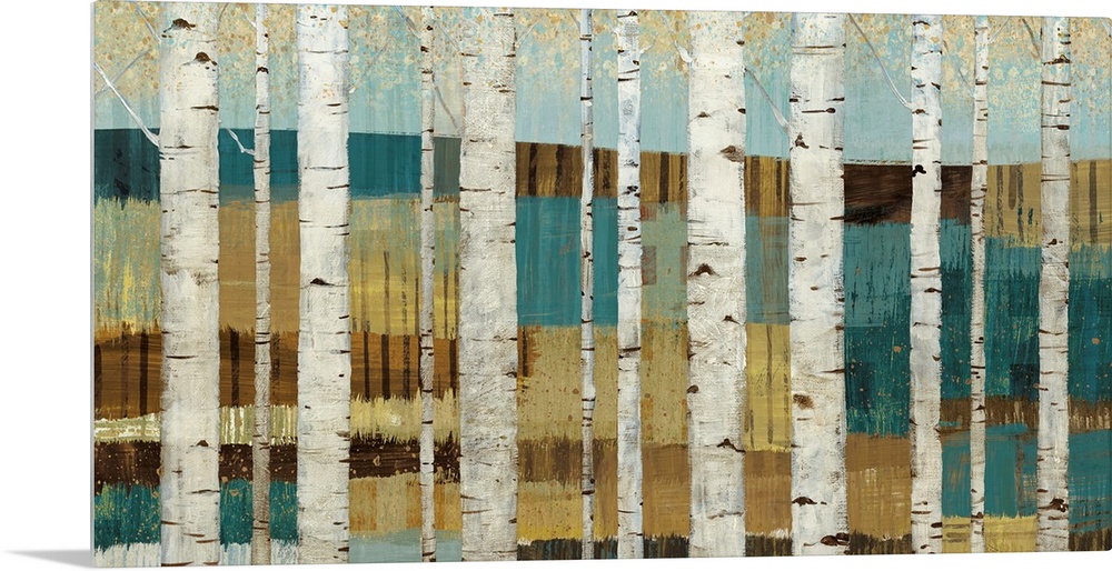 Huge canvas art shows a forest of birch trees sitting in front of a valley.  Artist uses multiple patterns of horizontal r...