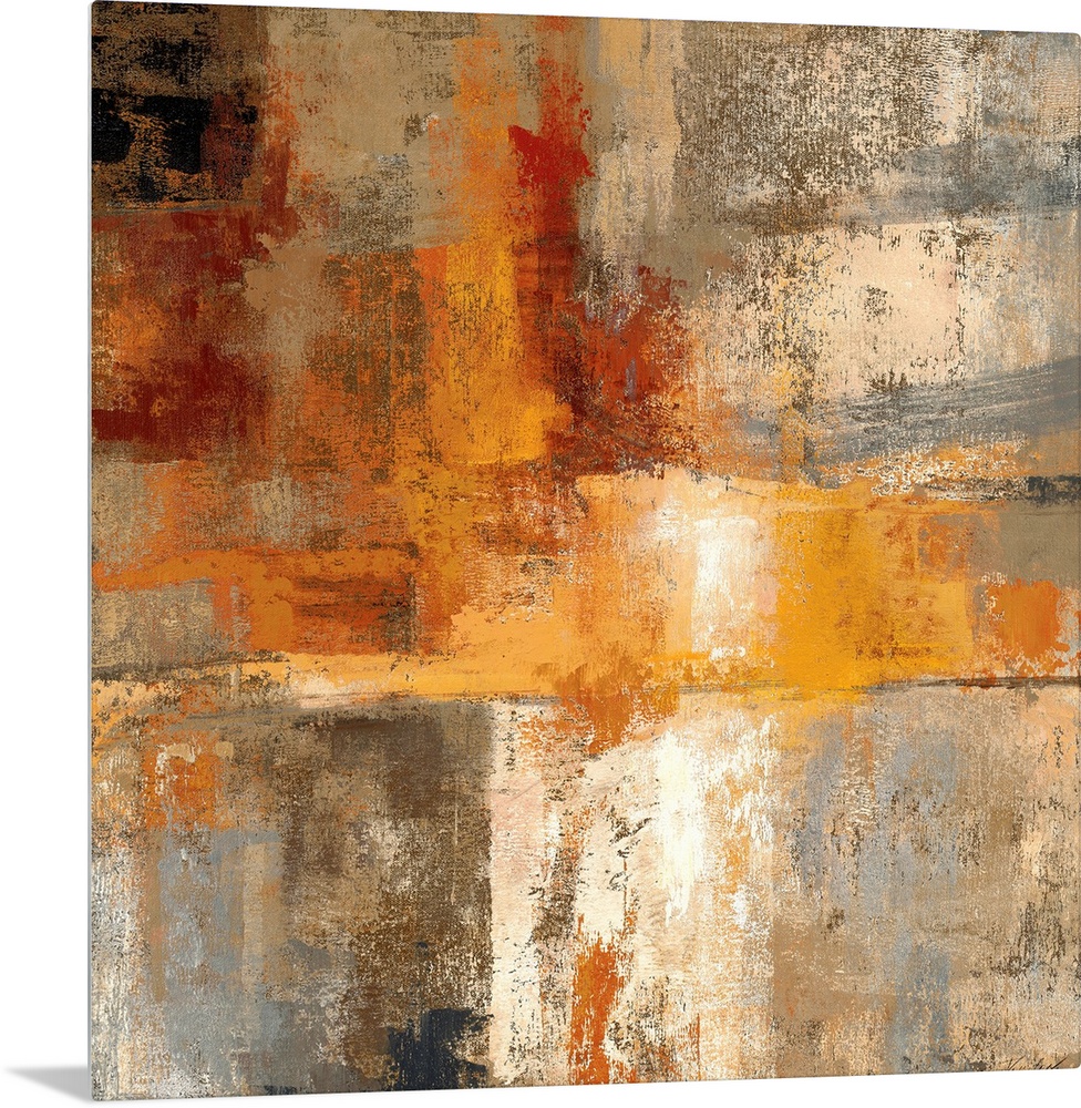 Contemporary abstract painting of multiple colors overlapping with distressed and eroded areas.