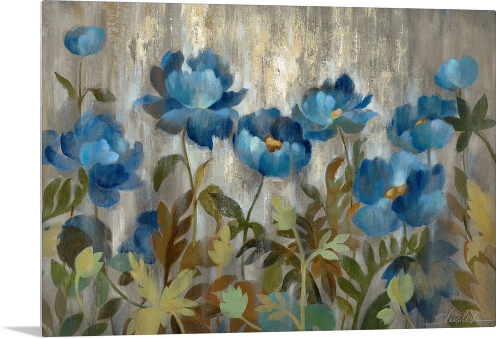 Simplified flowers and their leaves infront of a textural backdrop in this stylized, horizontal painting.