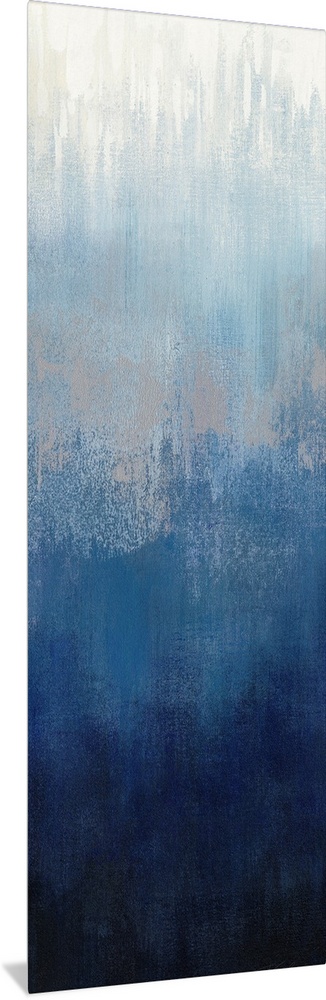 Abstract panel painting in shades of gray and blue getting darker towards the bottom.