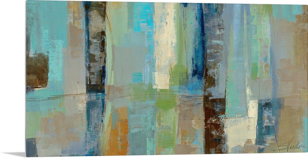 Large abstract canvas art incorporates lots of rectangles, squares and mellow tones with rough edges.