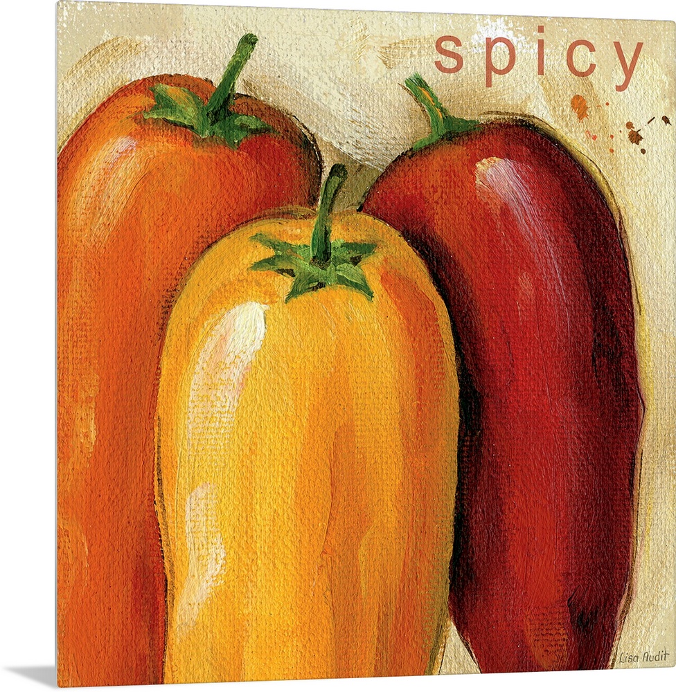 Painting on canvas of different colored peppers with smooth brush strokes.