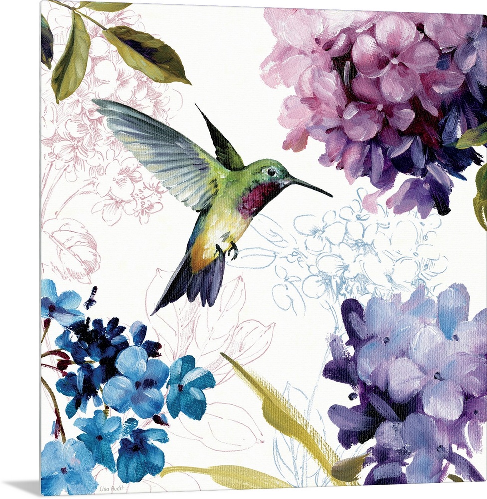 Home docor painting of a hummingbird in flight surrounded by hydrangea flower blooms.