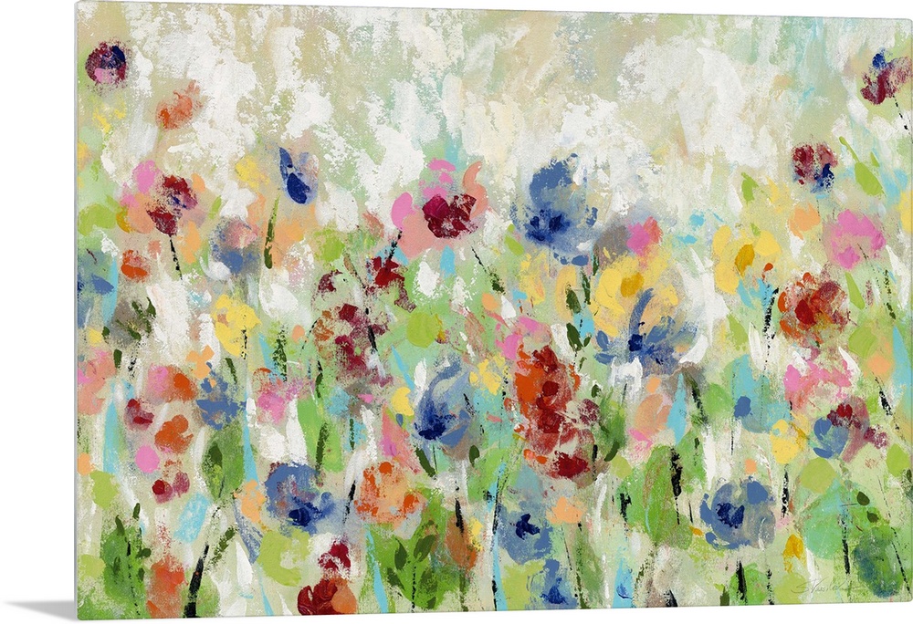 Decorative artwork of whimsical abstract florals in bright colors.