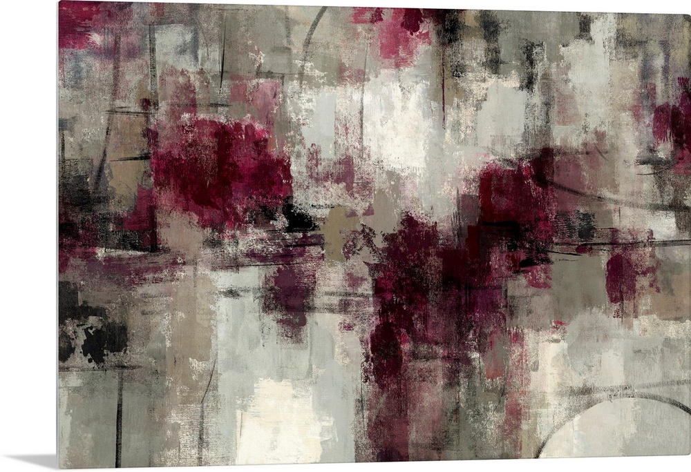 Abstract painting with dry brush strokes and patches of maroons on a neutral textured background.