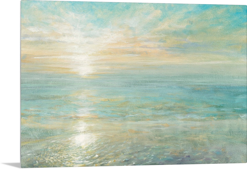 Contemporary artwork of the sun rising over a calm ocean.