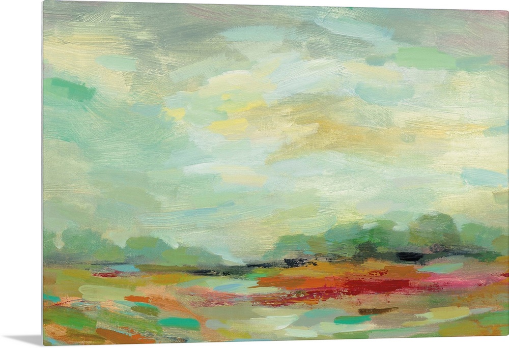 Colorful abstract landscape resembling a field at sunrise created with small horizontal brushstrokes.
