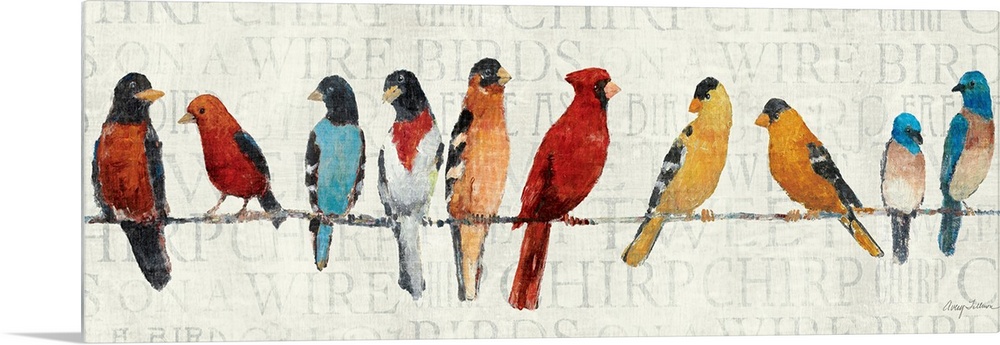 This panoramic shaped painting shows North American birds lined up while perched on a thin line.