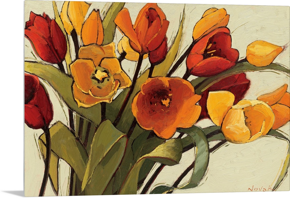 A horizontal painting that is a close up of a floral arrangement with warm, sunshiny colors.