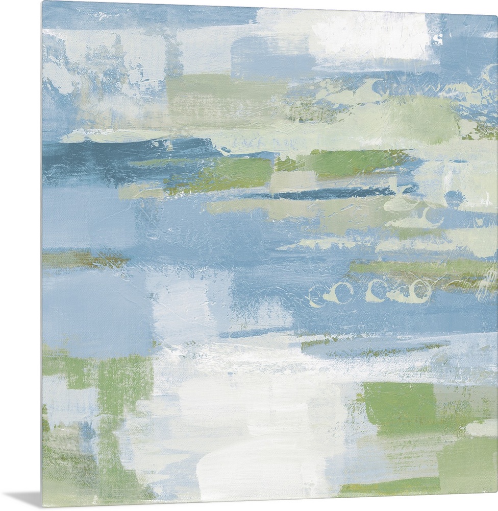 A square abstract painting of horizontal brush strokes in textured tones of blue, green and white.