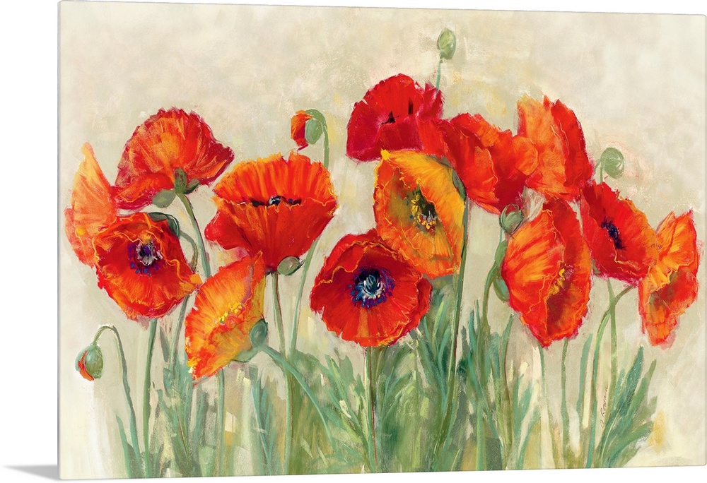 Large contemporary piece of artwork that displays the beauty of a group of poppies.