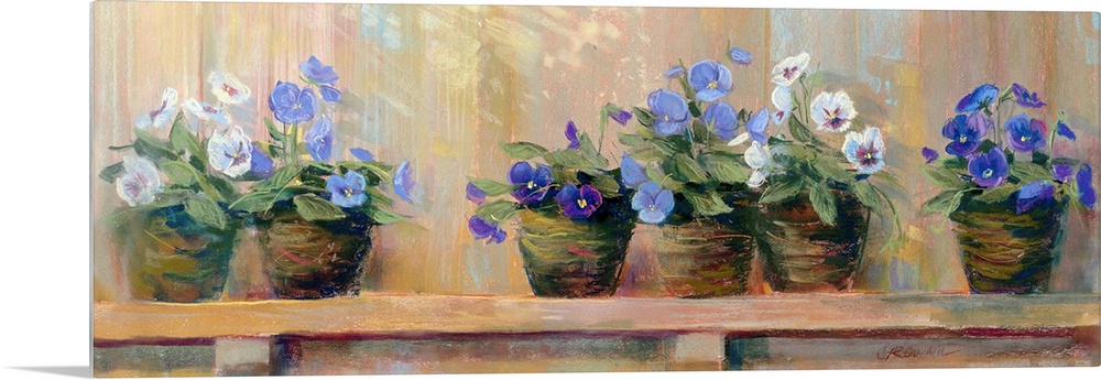 Panoramic floral art shows six potted flowers of varying color as they sit quietly on a shelf.