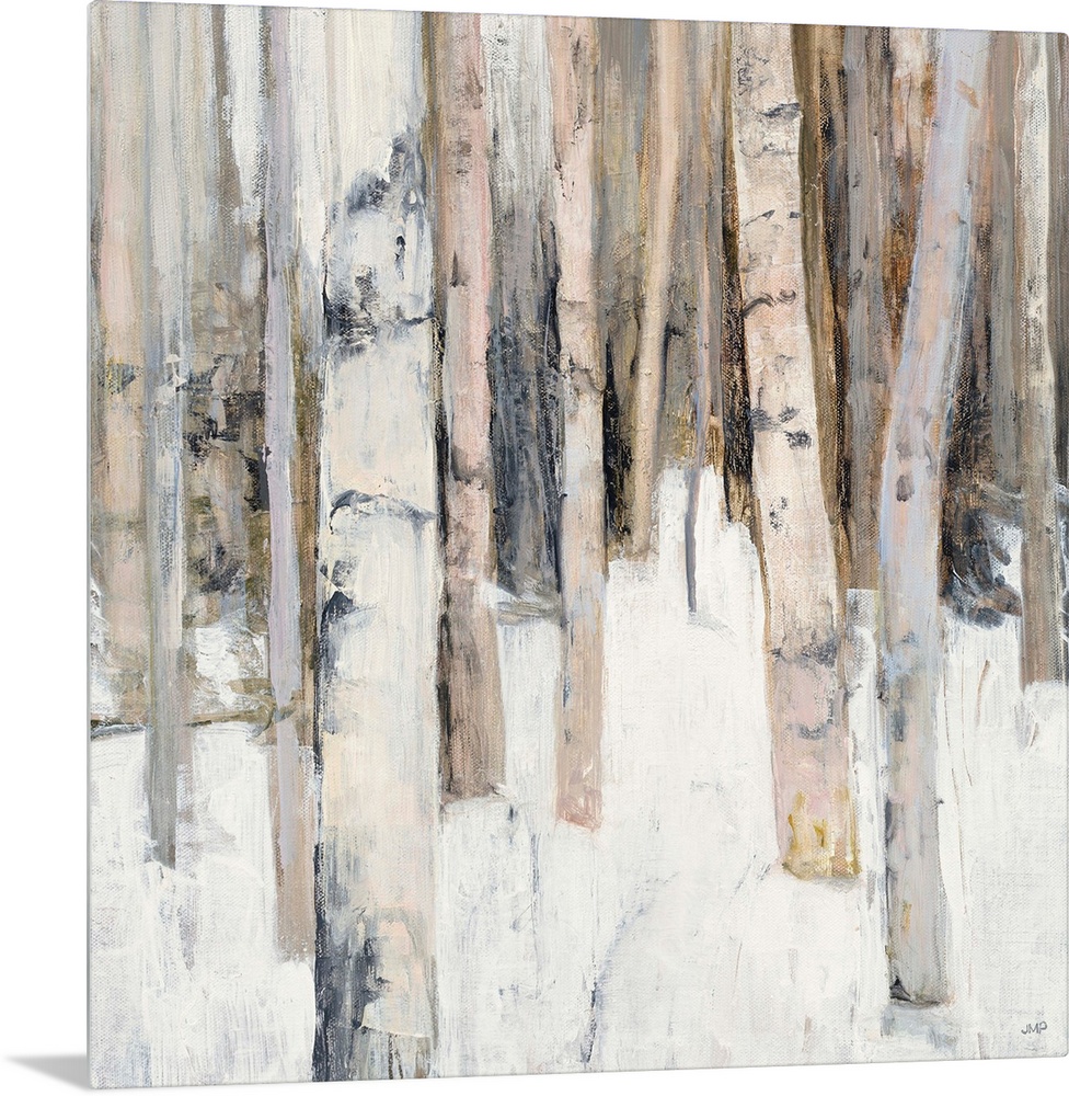 Square abstract painting of birch trees in the woods covered in snow with warm tones.