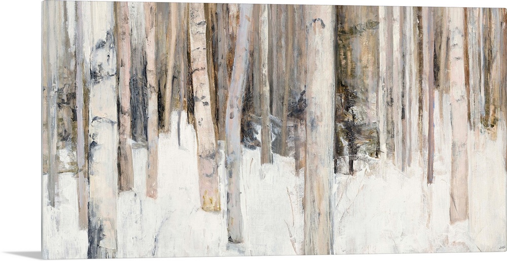 Abstract painting of birch trees in the woods covered in snow with warm tones.