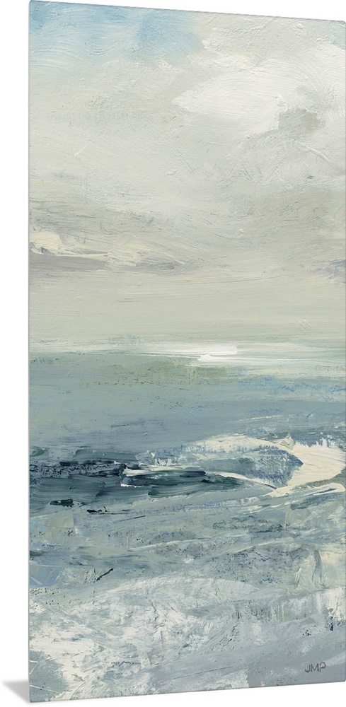 A large vertical abstract of ocean waves in textured cool tones of blue and gray.