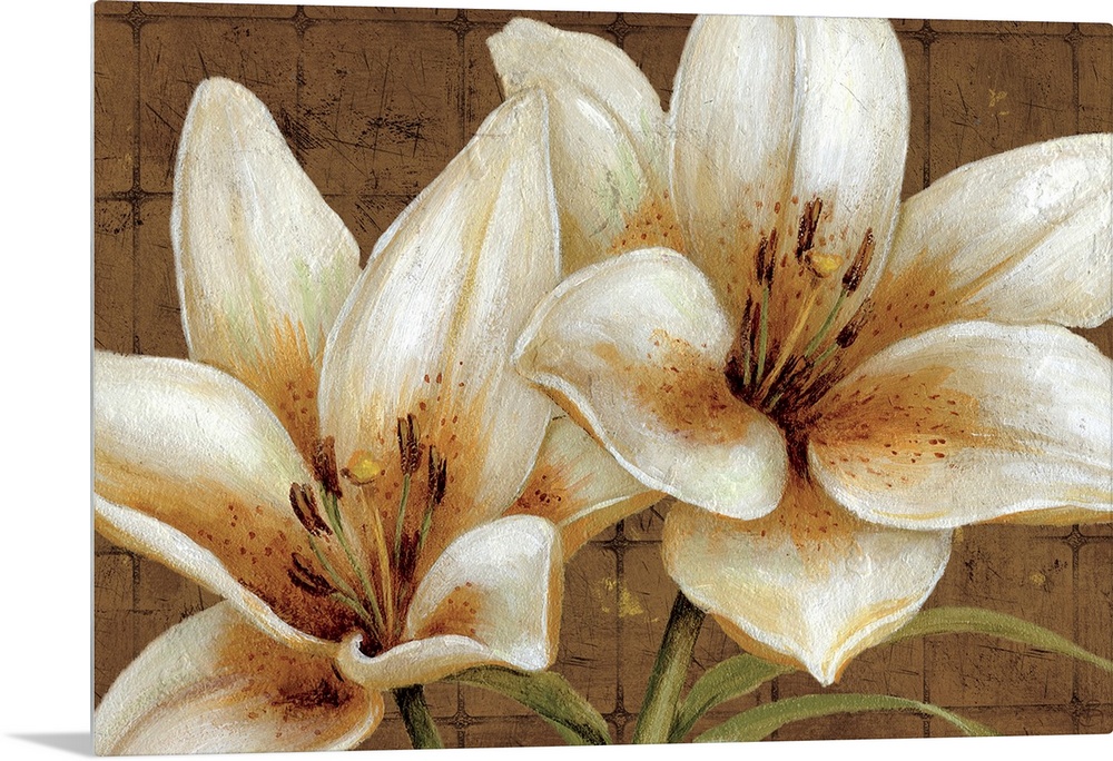 Oversized landscape painting of two large white lily flowers on a neutral tiled background.