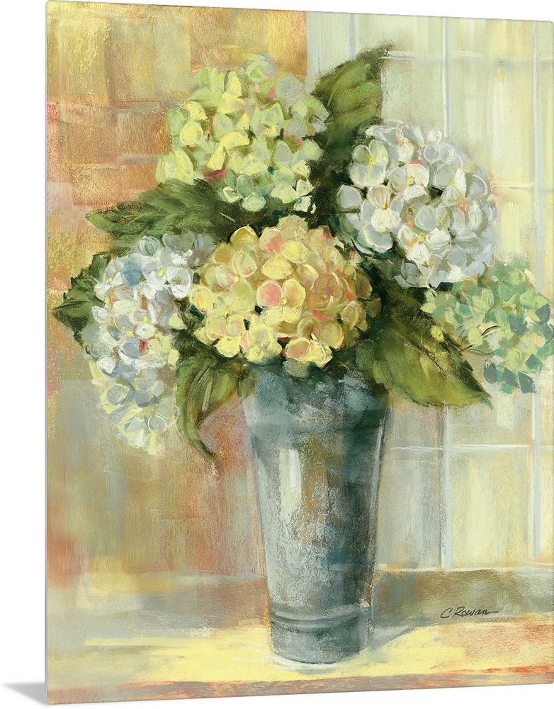 Portrait, large still life painting of golden hydrangeas in a vase, sitting on a counter if front of a tiled wall.