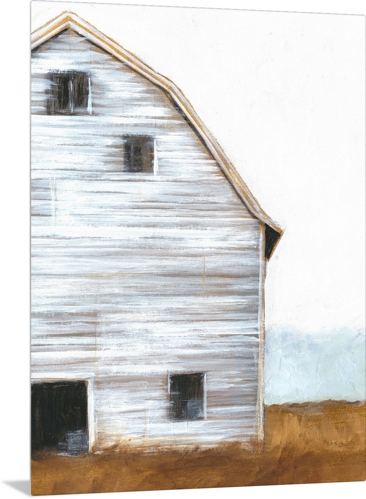 Horizontal brush strokes and a soft amber landscape form to make a cropped image of a white worn barn resting in the country.